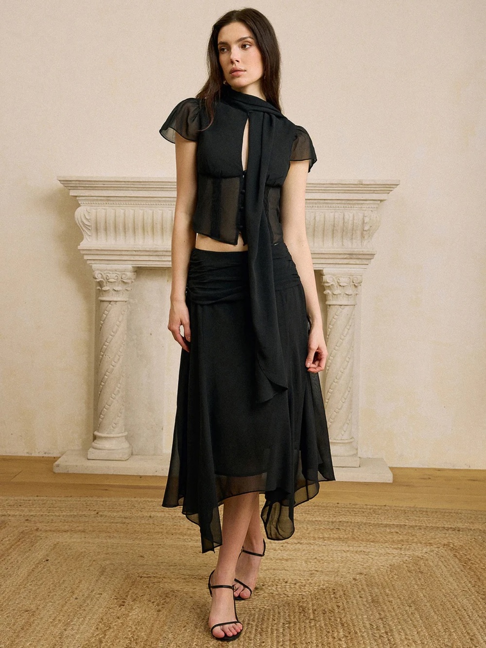 Commense Scarf Neckline Chiffon Skirt Set